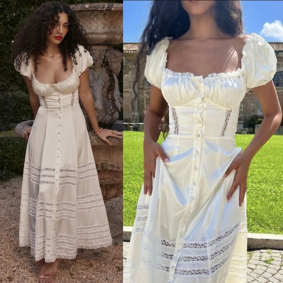 House of CB Dresses & Skirts - House of CB Eviana Ivory Real Silk Lace Puff Sleeve Maxi Dress